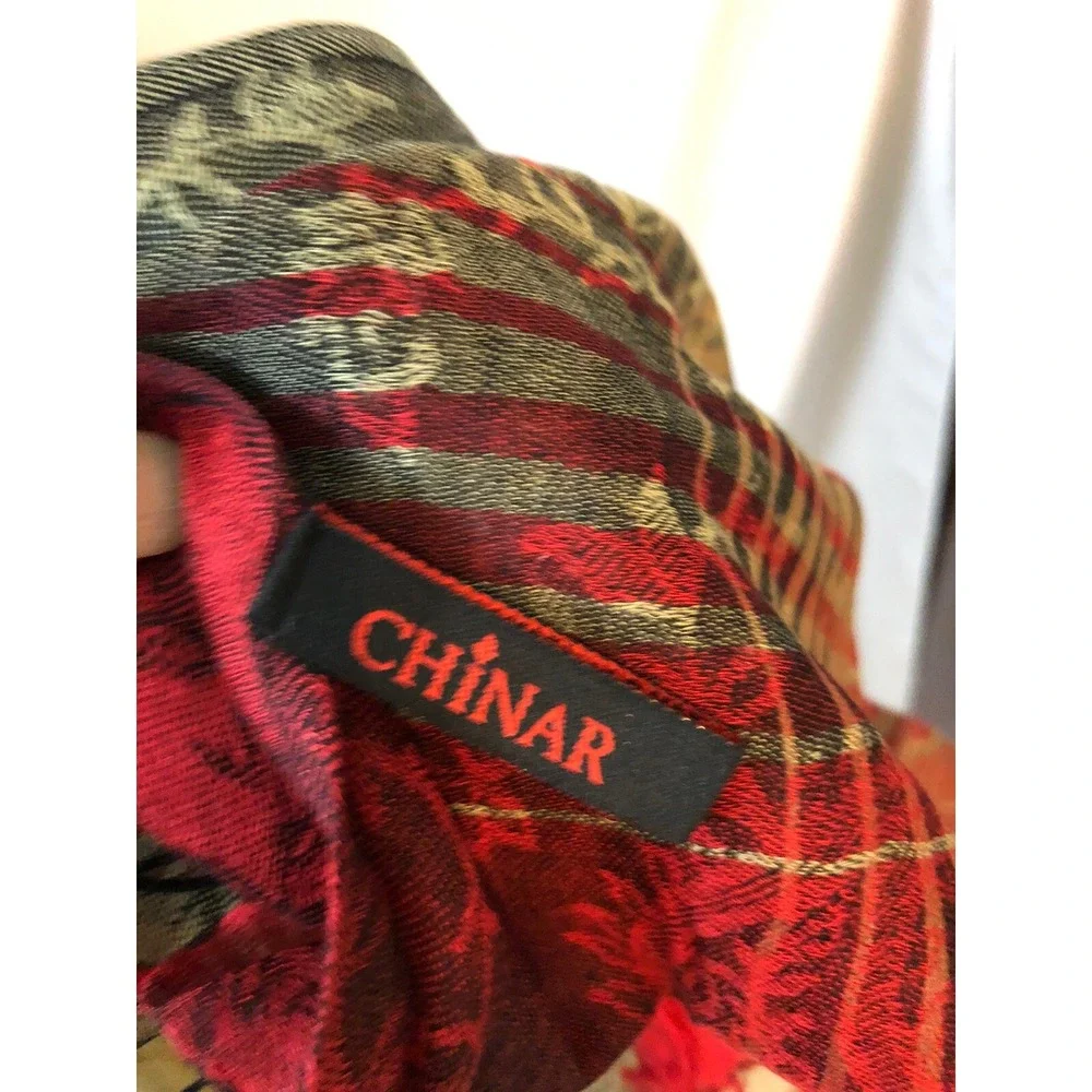Chinar Red Beige Gold Paisley Striped Silk Blend Fringed Pashmina Scarf Wrap